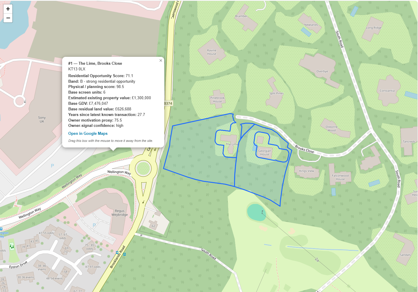 Example LandUpside residential opportunity assessment map